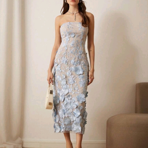 Women's Embroidered 3D Floral Bandeau Midi Dress, For Party - Picture 2 of 4